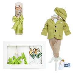 Trusou complet pentru botez de baieti personalizat cu Safari, lumanare cu Safari, costum si pantofiori, Verde olive, 14 piese, Recostore®, REC2751