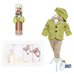 Trusou complet pentru botez de baieti personalizat cu Ursulet, lumanare cu Ursulet, costum si pantofiori, Verde, 14 piese, Recostore®, REC2750