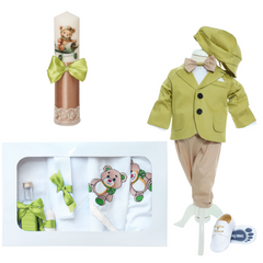 Trusou complet pentru botez de baieti personalizat cu ursulet, lumanare cu Ursulet, costum si pantofiori, Verde olive, 14 piese, Recostore®, REC2755