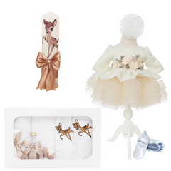 Trusou complet pentru botez de fete personalizat cu Caprioara Bambi, trusou brodat, lumanare, rochita si pantofiori,11 piese, Recostore®, REC2754