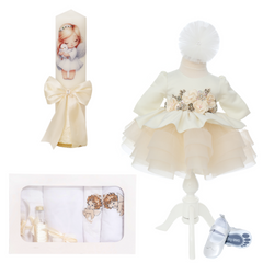 Trusou complet pentru botez de fete personalizat cu Ingeras, lumanare cu Ingeras, rochita,11 piese, ivoire, Recostore®, REC2765