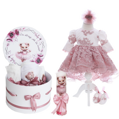 Trusou complet pentru botez de fete personalizat cu Ursulica, lumanare cu Ursulica, rochita cu trena,12 piese, roz pudrat, Recostore®, REC2758