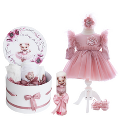 Trusou complet pentru botez de fete personalizat cu Ursulica, lumanare cu Ursulica, rochita cu trena,12 piese, roz pudrat, Recostore®, REC2760