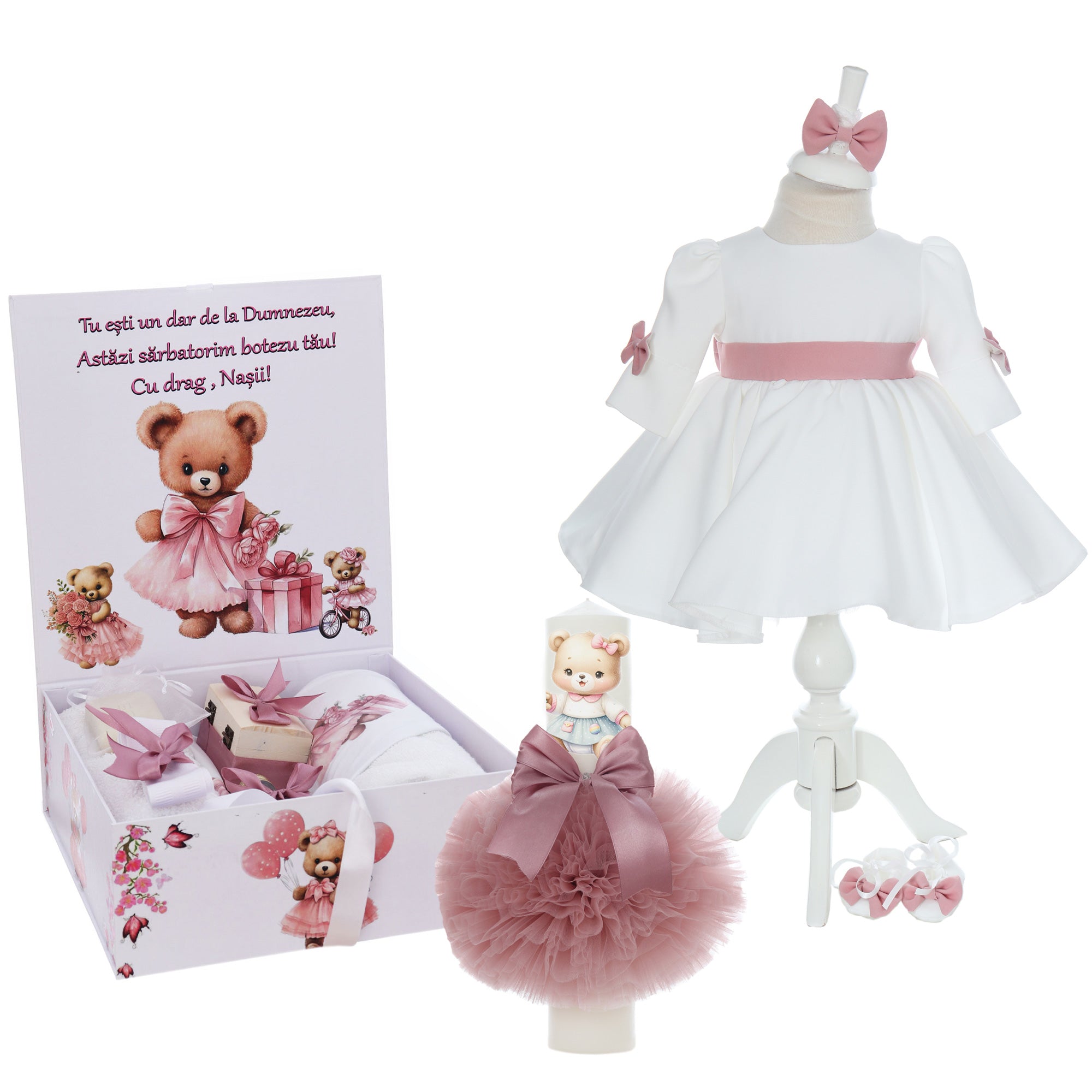 Trusou personalizat cu Ursulet, culoare roz pudrat, Trusou, Rochie cu fundita si Lumanare, REC3240