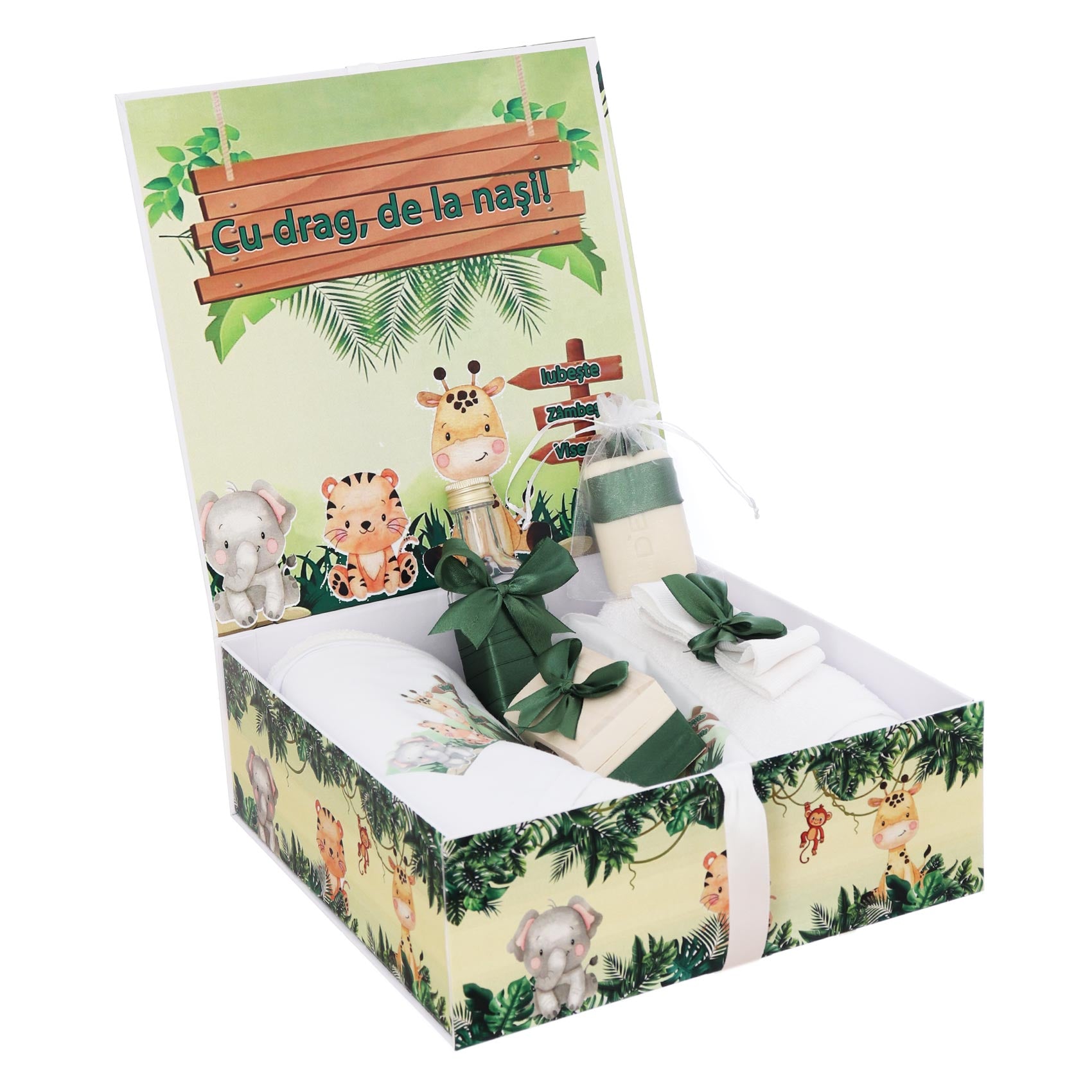 Trusou pentru botez baiat, 8 piese, model cu animalute safari, verde, REC3271