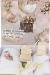 Trusou cu ursulet pentru botez, 8 piese, ivoire, REC3275