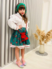 Costum popular alb-verde din zona Maramuresului pentru botez, 4 piese, rochie, fota, traistuta, batic, REC1178-1