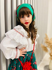 Costum popular alb-verde din zona Maramuresului pentru botez, 4 piese, rochie, fota, traistuta, batic, REC1178-1