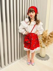 Costum popular alb-rosu din zona Maramuresului pentru botez, 4 piese, rochie, fota, traistuta, batic, REC1179-1