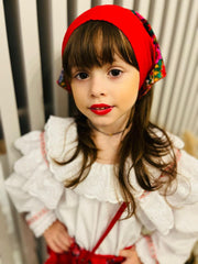 Costum popular alb-rosu din zona Maramuresului pentru botez, 4 piese, rochie, fota, traistuta, batic, REC1179-1