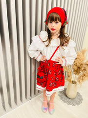 Costum popular alb-rosu din zona Maramuresului pentru botez, 4 piese, rochie, fota, traistuta, batic, REC1179-1