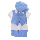 Costumas de vara din muselina pentru botez, bleu, 5 piese, camasa, papion, pantaloni, vesta, bascuta pentru baieti, REC3310