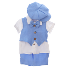 Costumas de vara din muselina pentru botez, bleu, 5 piese, camasa, papion, pantaloni, vesta, bascuta pentru baieti, REC3310
