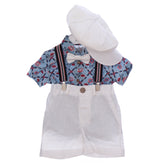Costum cu maneca scurta pentru botez, alb, 5 piese, camasa, papion, pantaloni, bretele, bascuta pentru baieti, REC3306