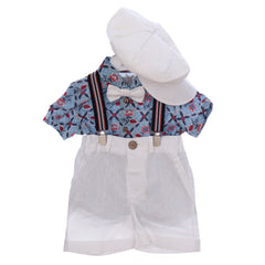 Costum cu maneca scurta pentru botez, alb, 5 piese, camasa, papion, pantaloni, bretele, bascuta pentru baieti, REC3306