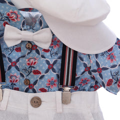 Costum cu maneca scurta pentru botez, alb, 5 piese, camasa, papion, pantaloni, bretele, bascuta pentru baieti, REC3306