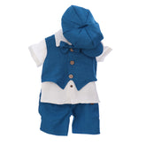 Costumas de vara din muselina pentru botez, albastru, 5 piese, camasa, papion, pantaloni, vesta, bascuta pentru baieti, REC3308