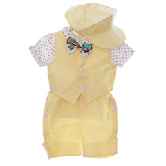 Costumas de vara pentru botez, galben, 5 piese, camasa, papion, pantaloni, vesta, bascuta pentru baieti, REC3313