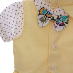 Costumas de vara pentru botez, galben, 5 piese, camasa, papion, pantaloni, vesta, bascuta pentru baieti, REC3313
