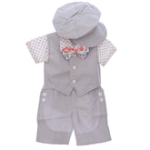 Costumas de vara pentru botez, gri, 5 piese, camasa, papion, pantaloni, vesta, bascuta pentru baieti, REC3311