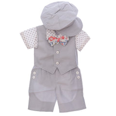 Costumas de vara pentru botez, gri, 5 piese, camasa, papion, pantaloni, vesta, bascuta pentru baieti, REC3311