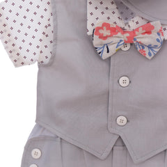 Costumas de vara pentru botez, gri, 5 piese, camasa, papion, pantaloni, vesta, bascuta pentru baieti, REC3311