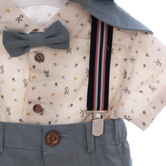Costum cu maneca scurta pentru botez, gri, 5 piese, camasa, papion, pantaloni, bretele, bascuta pentru baieti, REC3307