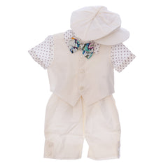 Costumas de vara pentru botez, ivoire, 5 piese, camasa, papion, pantaloni, vesta, bascuta pentru baieti, REC3312