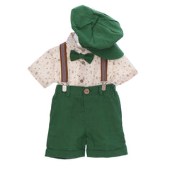 Costum cu maneca scurta pentru botez, verde, 5 piese, camasa, papion, pantaloni, bretele, bascuta pentru baieti, REC3305