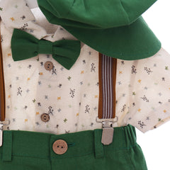 Costum cu maneca scurta pentru botez, verde, 5 piese, camasa, papion, pantaloni, bretele, bascuta pentru baieti, REC3305