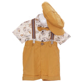 Costum cu maneca scurta pentru botez, galben mustar, 5 piese, camasa, papion, pantaloni, bretele, bascuta pentru baieti, REC3304