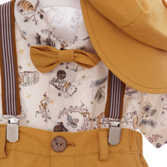 Costum cu maneca scurta pentru botez, galben mustar, 5 piese, camasa, papion, pantaloni, bretele, bascuta pentru baieti, REC3304