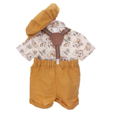 Costum cu maneca scurta pentru botez, galben mustar, 5 piese, camasa, papion, pantaloni, bretele, bascuta pentru baieti, REC3304