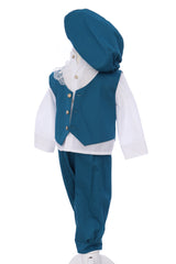 Costum print turcoaz pentru botez baieti, 4 piese, REC3303