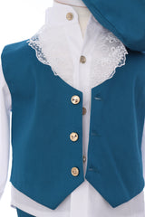 Costum print turcoaz pentru botez baieti, 4 piese, REC3303