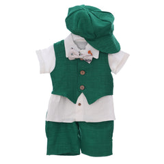 Costumas de vara din muselina pentru botez, verde, 5 piese, camasa, papion, pantaloni, vesta, bascuta pentru baieti, REC3309