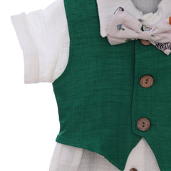 Costumas de vara din muselina pentru botez, verde, 5 piese, camasa, papion, pantaloni, vesta, bascuta pentru baieti, REC3309