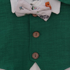 Costumas de vara din muselina pentru botez, verde, 5 piese, camasa, papion, pantaloni, vesta, bascuta pentru baieti, REC3309