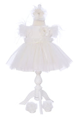 Rochie alba eleganta cu maneca scurta pentru botez fetita, 3 piese, rochie, bentita si botosei, REC3299