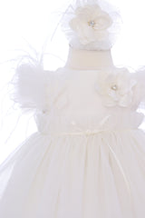 Rochie alba eleganta cu maneca scurta pentru botez fetita, 3 piese, rochie, bentita si botosei, REC3299