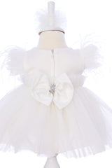 Rochie alba eleganta cu maneca scurta pentru botez fetita, 3 piese, rochie, bentita si botosei, REC3299