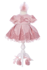 Rochie eleganta cu maneca scurta pentru botez fetita, 3 piese, rochie, bentita si botosei, REC3298