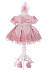 Rochie eleganta cu maneca scurta pentru botez fetita, 3 piese, rochie, bentita si botosei, REC3298