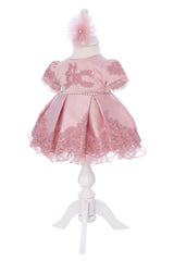 Rochie eleganta cu maneca scurta pentru botez fetita, 3 piese, rochie, bentita si botosei, REC3298