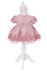 Rochie eleganta cu maneca scurta pentru botez fetita, 3 piese, rochie, bentita si botosei, REC3298