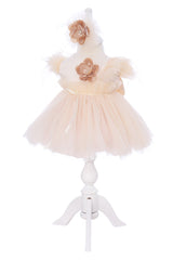 Rochie crem eleganta cu maneca scurta pentru botez fetita, 3 piese, rochie, bentita si botosei, REC3300