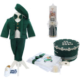 Trusou botez Safari, culoare verde, costum, trusou, lumanare si pantofiori, REC3190