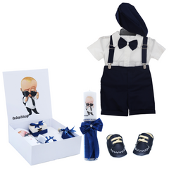 Trusou complet pentru botez de baieti personalizat cu Bebe Boss, costum cu maneca scurta, pantofiori, lumanare si trusou, bleumarin, 13 piese, Recostore®, REC2732