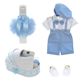 Trusou complet pentru botez de baieti, costum cu maneca scurta, pantofiori, lumanare si trusou, bleu, 14 piese, Recostore®, REC2716