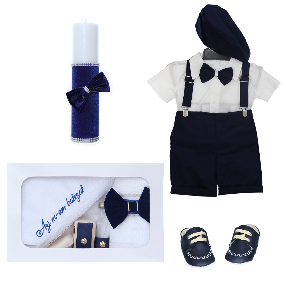 Trusou complet pentru botez de baieti personalizat cu mesajul "Azi m-am crestinat", costum cu maneca scurta, pantofiori, lumanare si trusou, bleumarin, 13 piese, Recostore®, REC2733